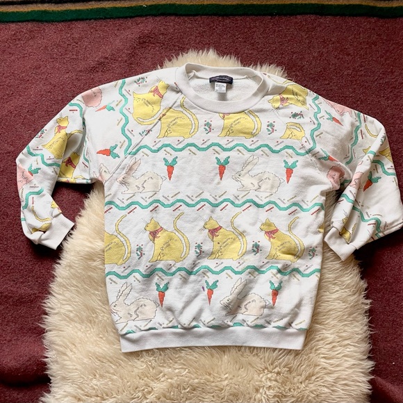 Vintage Tops - Vintage Allen Solly 1980s faux cross-stitch bunny and cat sweatshirt